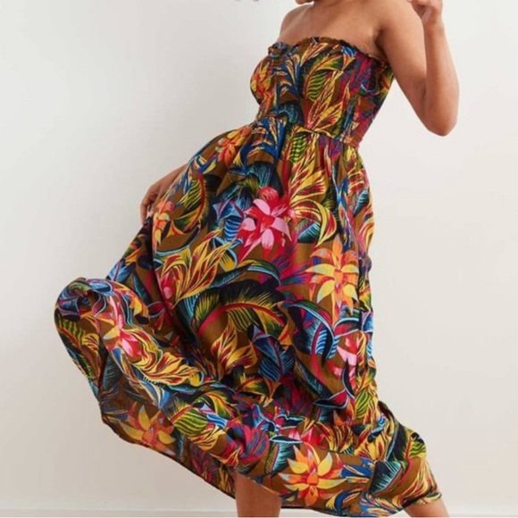 Aerie Tropical Floral Smocked Strapless Ruffle Midi Dress - Picture 2 of 10